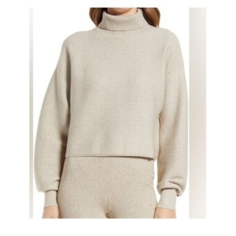 Good American Ribbed Turtleneck Cropped Sweater Oatmeal Beige Size 3 Large